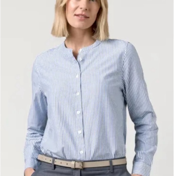 Tops - Cargo Crew Women Will Collarless Blue & White Striped Button Down Shirt Size 12